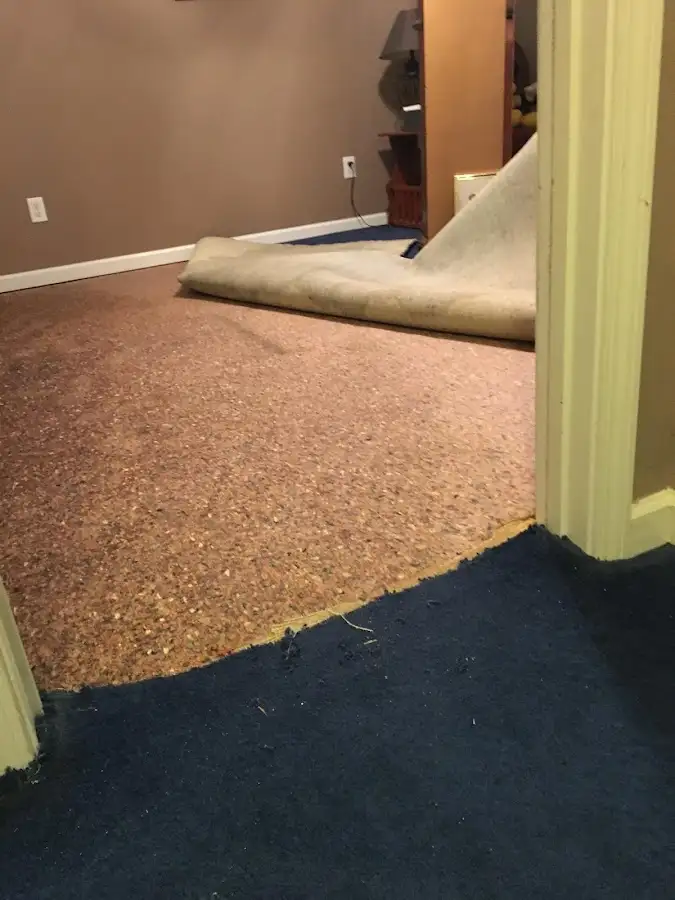 Carpet pad removal revealing water damage during Water Mitigation Services in Ocean Springs